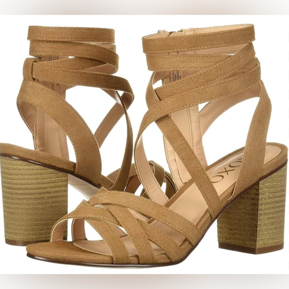 XOXO heeled strappy sandal, sz. 7.5, color is bone, 2.5" block heel.​​​ - Picture 4 of 8